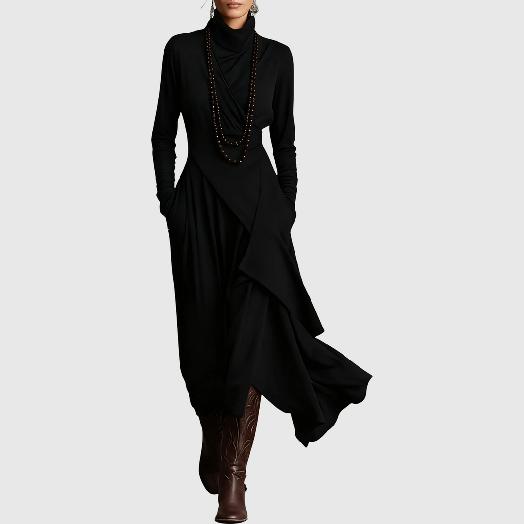 Σάντρα | Ασύμμετρο λάις πλισέ φόρεμα με ψηλό γιακά σε μοβ χρώμα